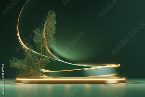 illustration for 3d podium display christmas background for product presentation or text festive lights with gold pedestal showcase and green christmas tree branch new year studio abstract generative 