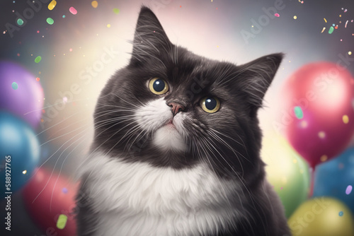studio portrait of cute cat celebrating birthday party, created with Generative AI technology photo