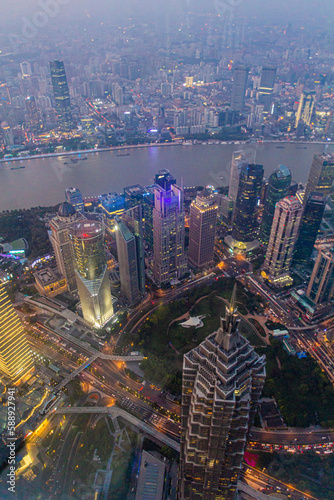 Aerial view of Shanghai skyscrapers with Huangpu river  China