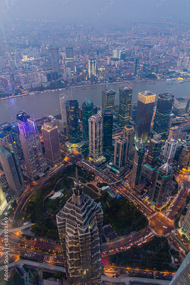 Aerial view of Shanghai skyscrapers with Huangpu river, China