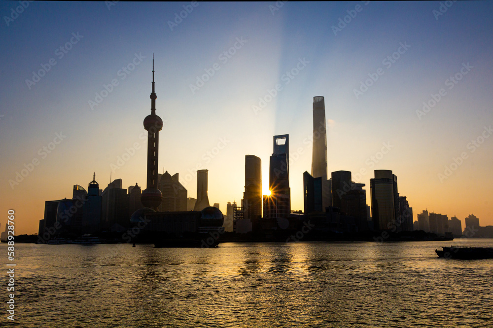 Skyline of Pudong neighborhood of Shanghai during sunrise, China