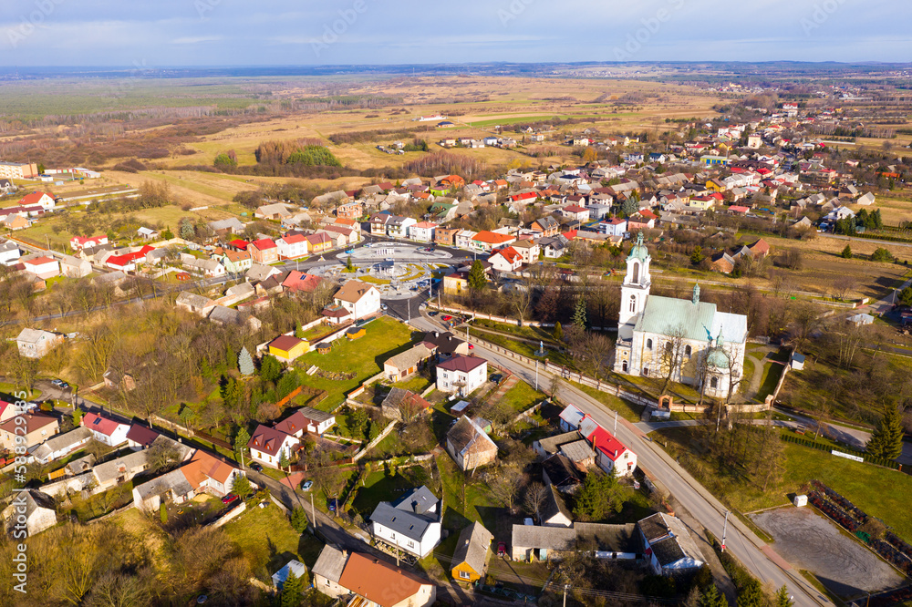 Aerial view of houses and nature of Wlodowice, located in Poland