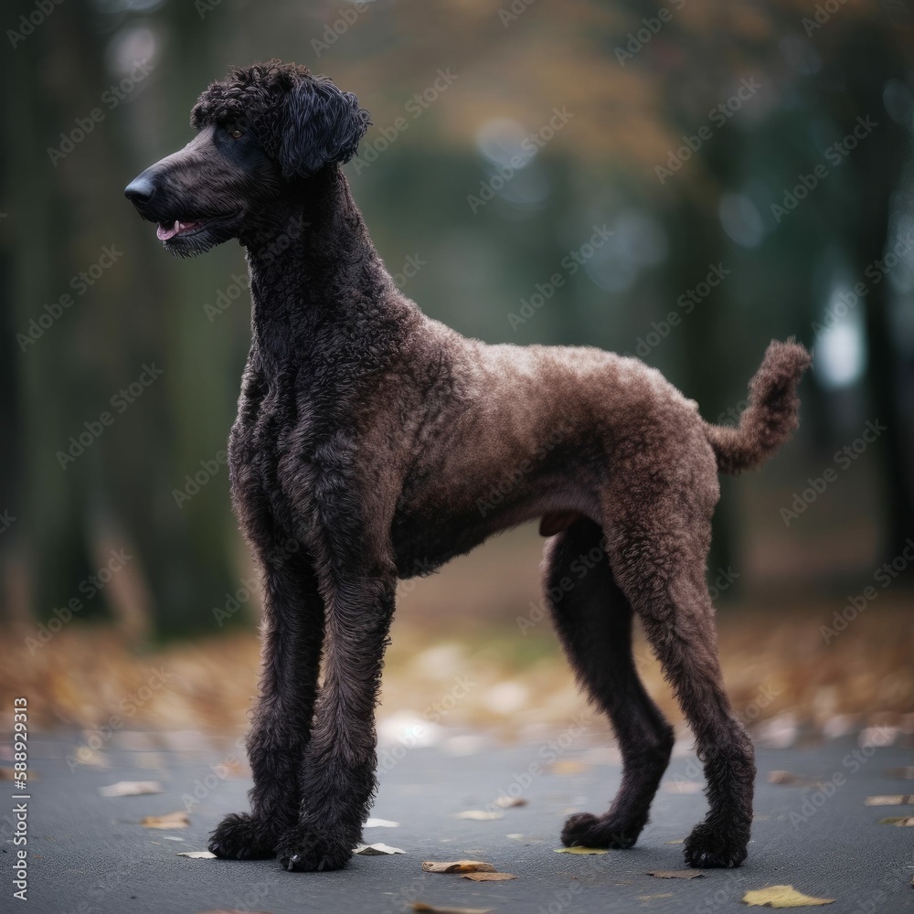 Malinoodle Dog Standing in Autumn Leaves, Poodle Crossed with Belgian ...