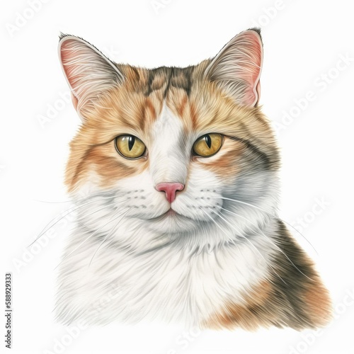 Calico Cat with Yellow Eyes on White Backdrop Pet Illustration [Generative AI] © Visionarily