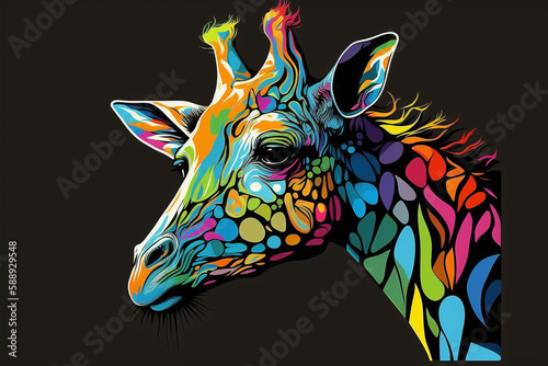 Colorful Giraffe Pop Art Vector Style Only Black Background Generative Ai Digital Illustration Part 040423