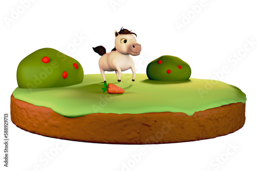 A horse runs through carrots on the grass.3d rendering