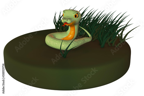 3D image of a green snake in the meadow.3d rendering