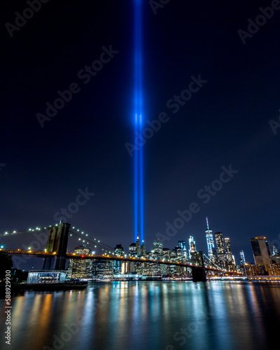 Brooklyn Bridge in New York City with 9/11 Tribute Light