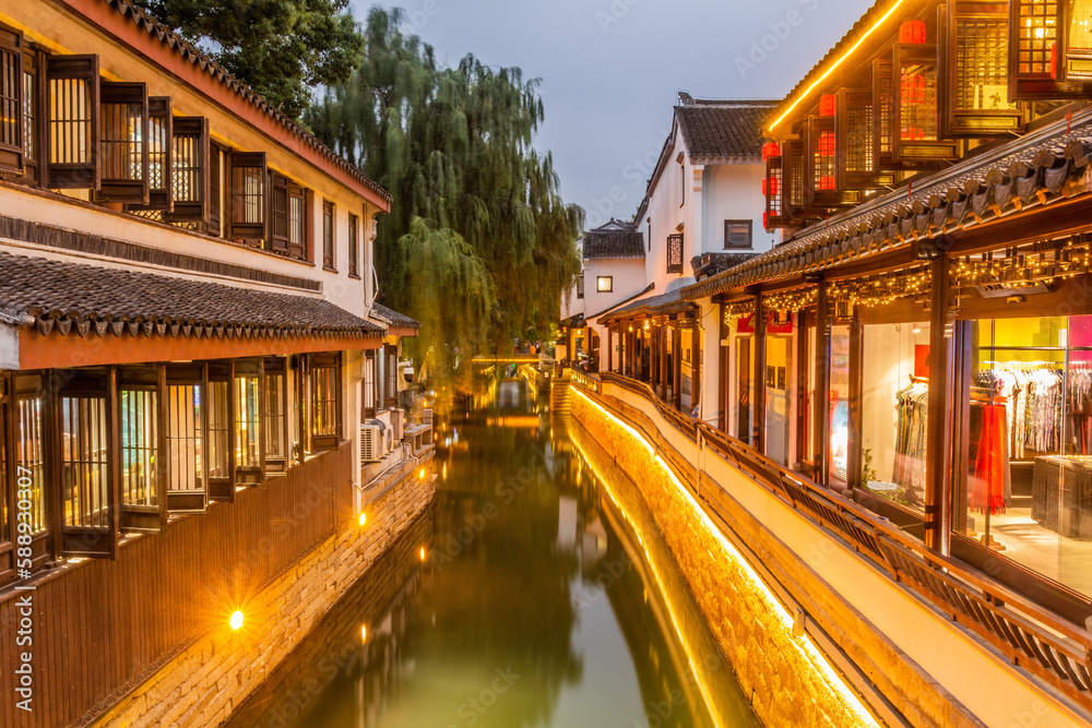 Evening view of a water canal in Suzhou, Jiangsu province, China