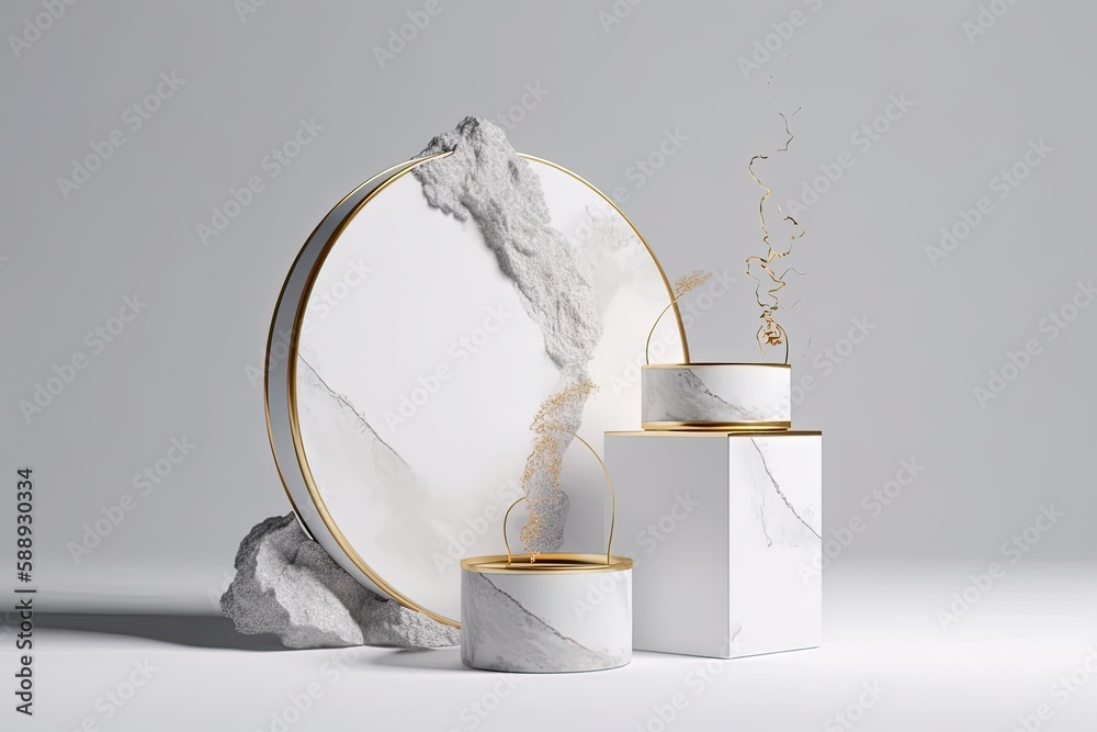 illustration for tytu 3d podium stone display set copy space white background cosmetic or beauty product promotion mockup with gold luxury rock step pedestal trendy minimalist banner  - obrazy, fototapety, plakaty 