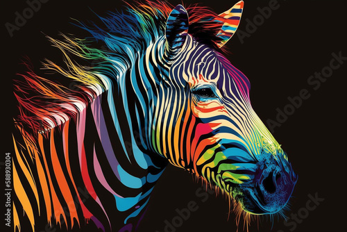 Colorful Zebra Pop Art Vector Style Only Black Background Generative Ai Digital Illustration Part#040423
