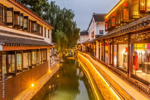Evening view of a water canal in Suzhou  Jiangsu province  China