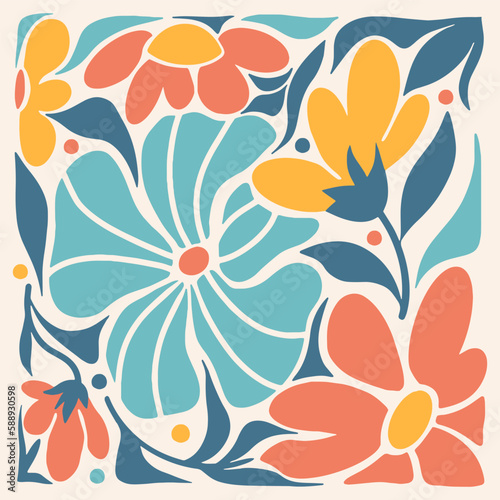 Modern groovy abstract floral print. Matisse art aestethic. Retro organic botanical doodle flowers. Trendy hippie 60s, 70s style. Vector hippie interior painting.