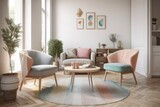 A contemporary living room with two modern chairs and a table. minimalist design idea style in pastel tones. Generative AI