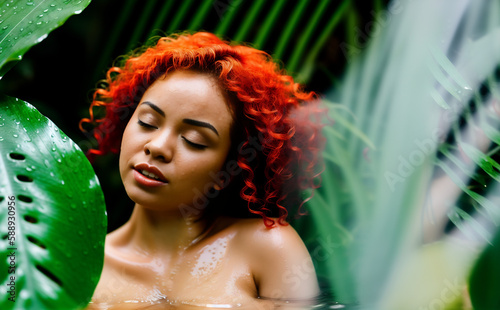 Mulatto woman with red curly hair washes in the jungle, ai