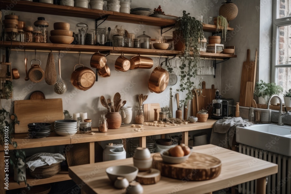 Boho kitchen design. Wooden shelves, dishes, cutlery, decorations. Warm boho decor. Generative AI