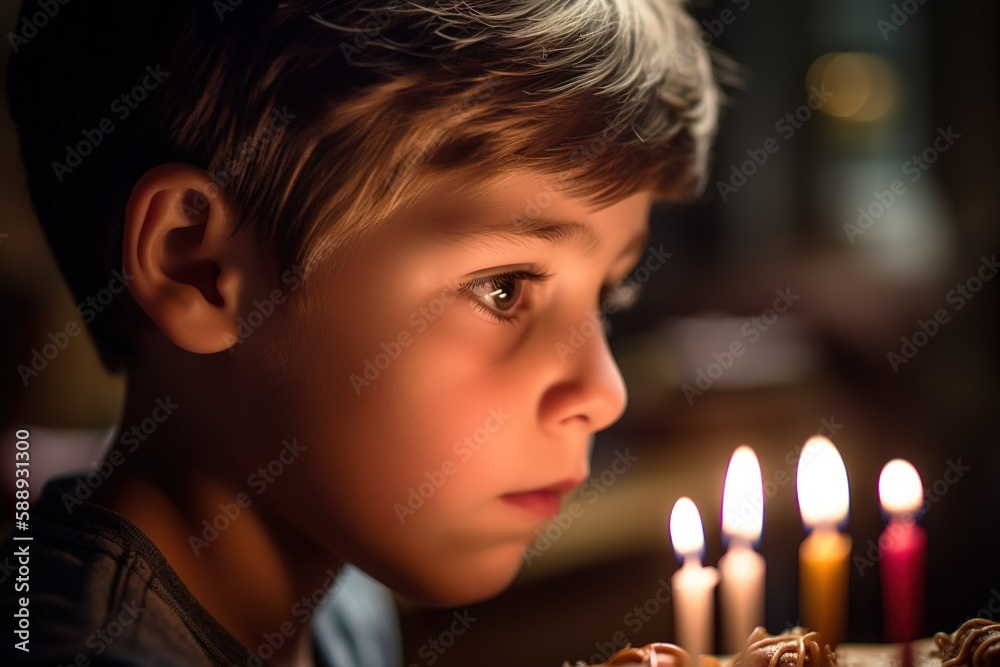 Close up head shot of sad boy about to blow up his candles in birthday cake. Generative AI Close up head shot of sad boy about to blow up his candles in birthday cake. Generative AI