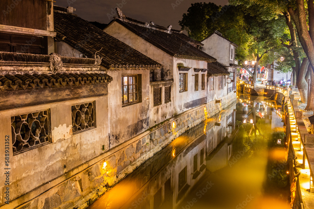 Evening view of a canal in Luzhi water town, Jiangsu province, China