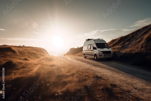 Motorhome driving under the sunlight in rural road. Generative AI