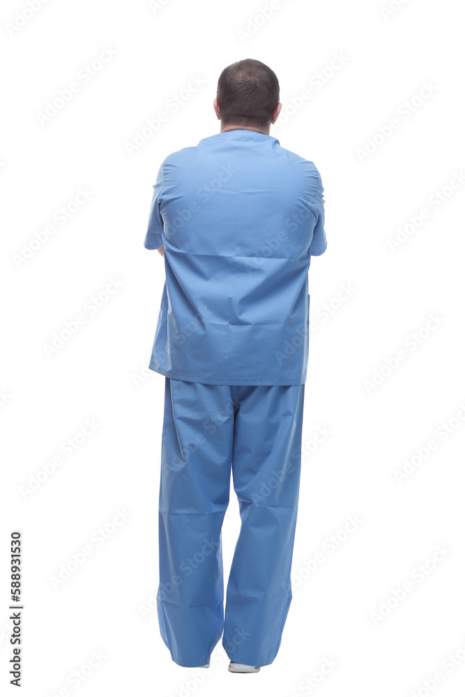 mature paramedic looking at the white screen. isolated on a white background. mature paramedic looking at the white screen. isolated on a white background.
