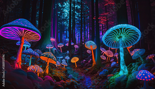 Electric Forest with Neon Mushrooms, Vibrant generative ai illustration © Xavier