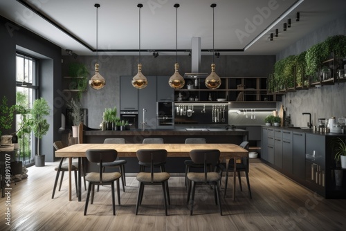 Interior of a gray kitchen with dark gray worktops, wood flooring, big windows, and a gray table and chairs. a lateral view a mockup. Generative AI