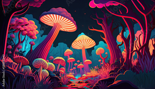 Fototapeta Naklejka Na Ścianę i Meble -  A psychedelic jungle with neon colors and mushrooms generative ai illustration