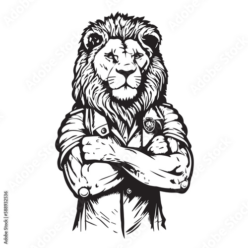Mascot of cool angry lion king wearing formal suit. black white line art vector illustration