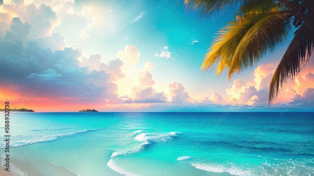 Tropical beach with ocean on background. Generative AI