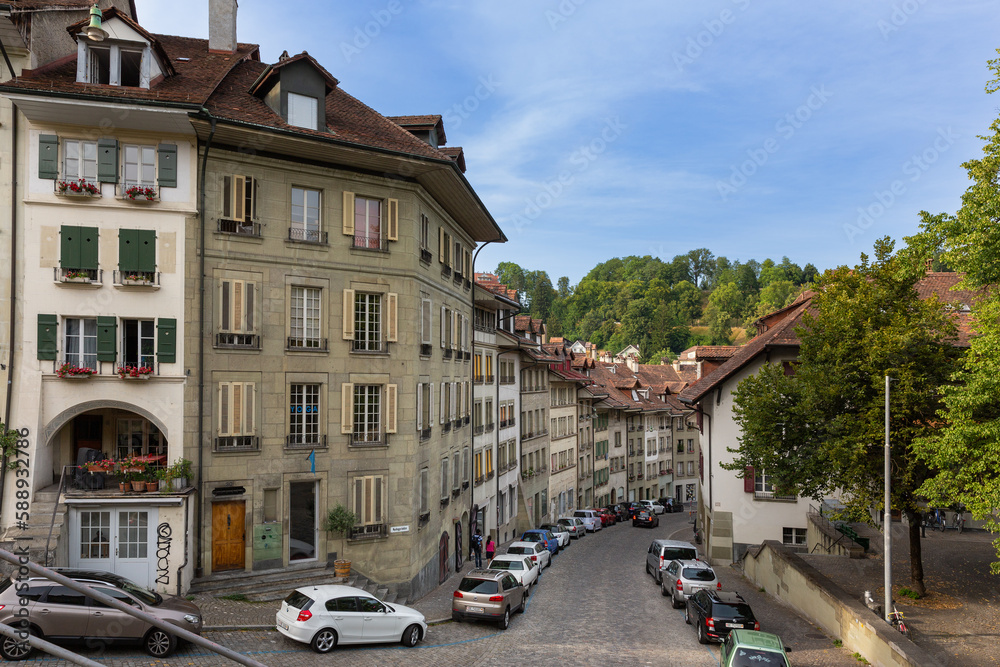 Apartment and office buildings on Nydeggstalden st in Bern, Switzerland
