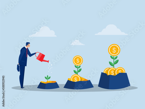 Businessman hand watering money tree business growth  investment profit flat vector illustration.
