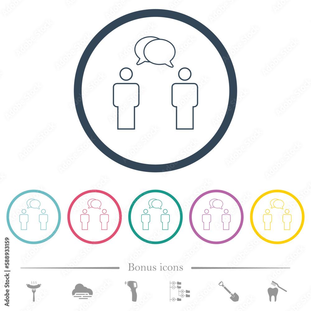Two talking persons with oval bubbles outline flat color icons in round outlines Two talking persons with oval bubbles outline flat color icons in round outlines