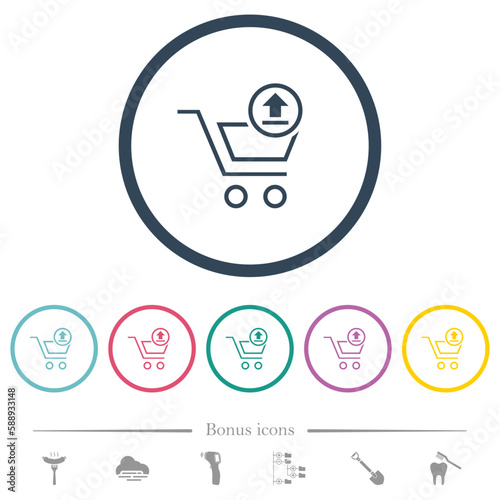 Cart upload outline flat color icons in round outlines
