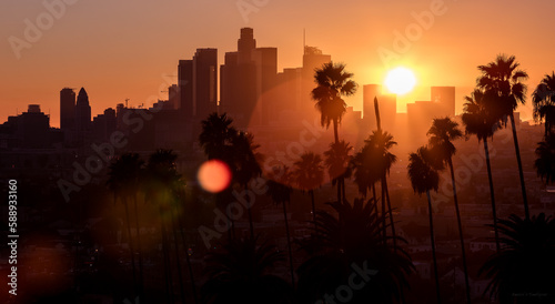 Downtown Los Angeles Silhouette with Palm Trees at Sunset photo