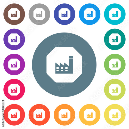 Octagon shaped power plant sanction sign solid flat white icons on round color backgrounds