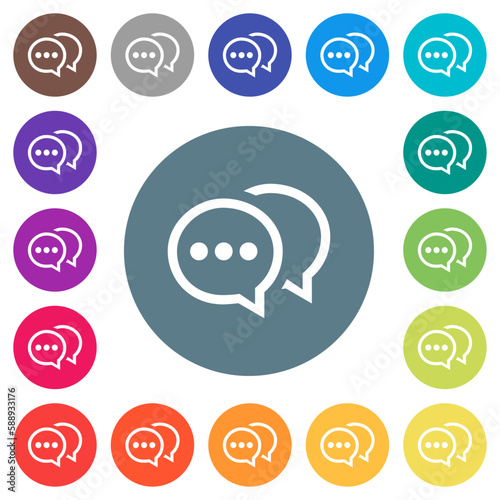 Two oval active chat bubbles outline flat white icons on round color backgrounds
