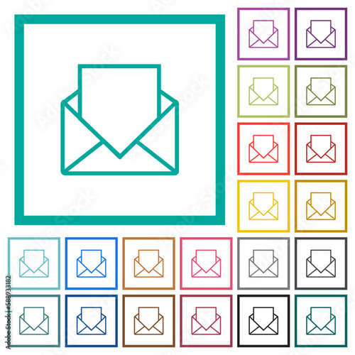 Open mail with blank letter outline flat color icons with quadrant frames