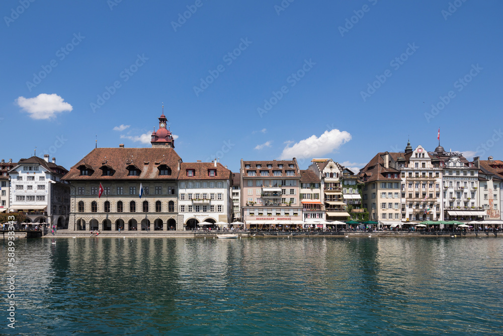 View of buildings overlooking Lake Lucerne in Lucerne Switzerland View of buildings overlooking Lake Lucerne in Lucerne Switzerland