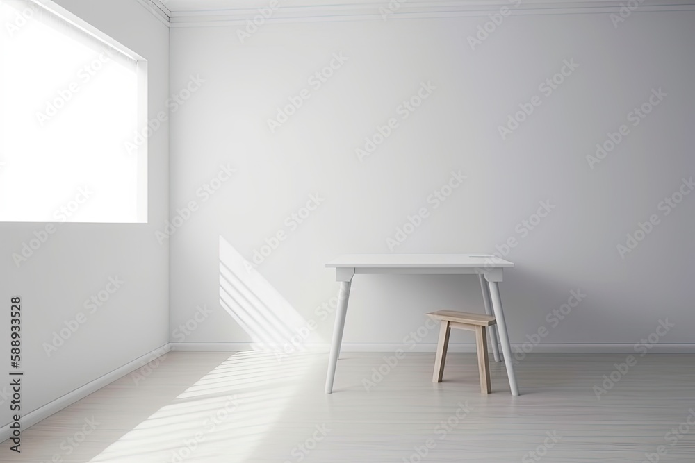 an Empty Room with a White Table and Chai. Generative AI an Empty Room with a White Table and Chai. Generative AI