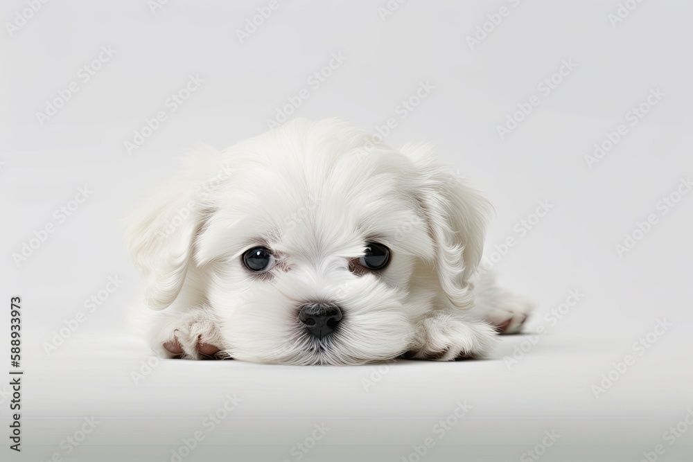 cute white dog lounging on a pristine white surface. Generative AI cute white dog lounging on a pristine white surface. Generative AI