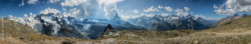 View of the glacier and Matterhorn mountain while walking down from the top of the Gornergrat in Switzerland