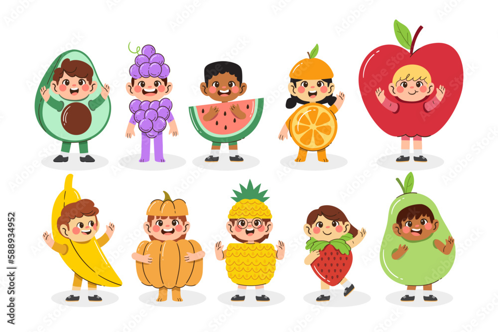 Set of happy kids fruit character vector collection. Illustration of character poses using the fruit costume.