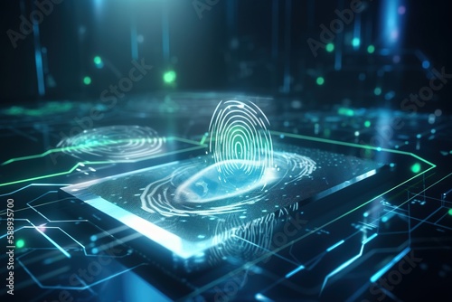 Fingerprint scan provides security access with biometric data, created with Generative AI technology photo