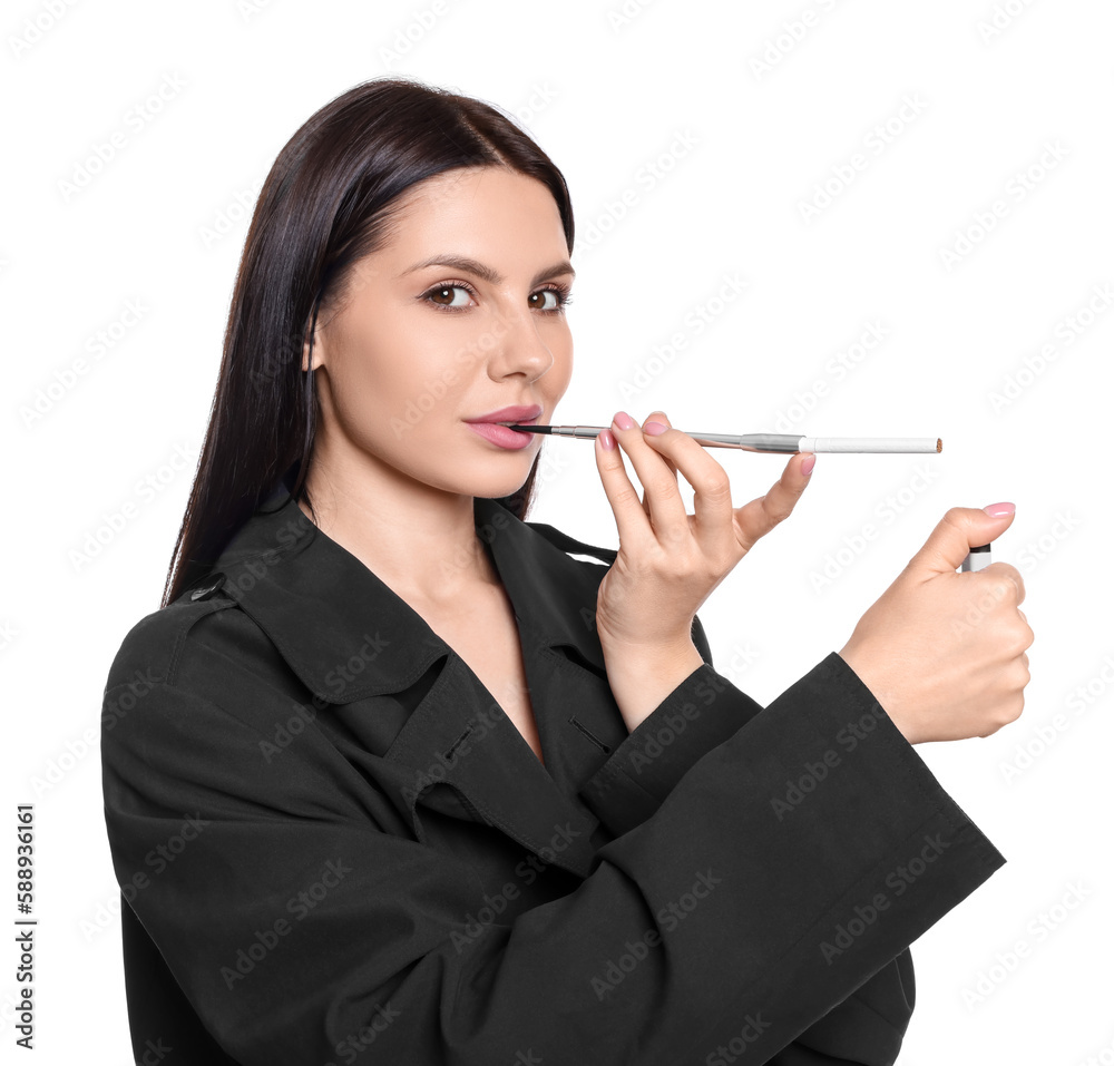 Woman using long cigarette holder for smoking isolated on white Woman using long cigarette holder for smoking isolated on white