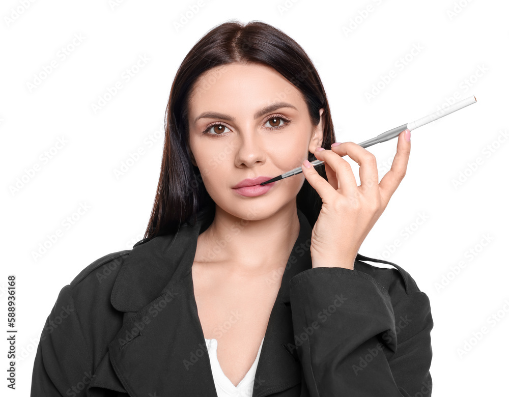 Woman using long cigarette holder for smoking isolated on white Woman using long cigarette holder for smoking isolated on white