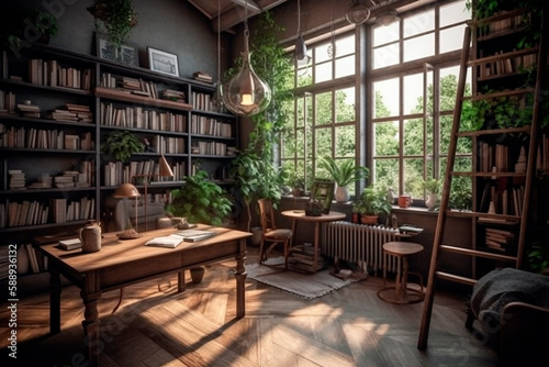 architecture of a room full of books and flowers