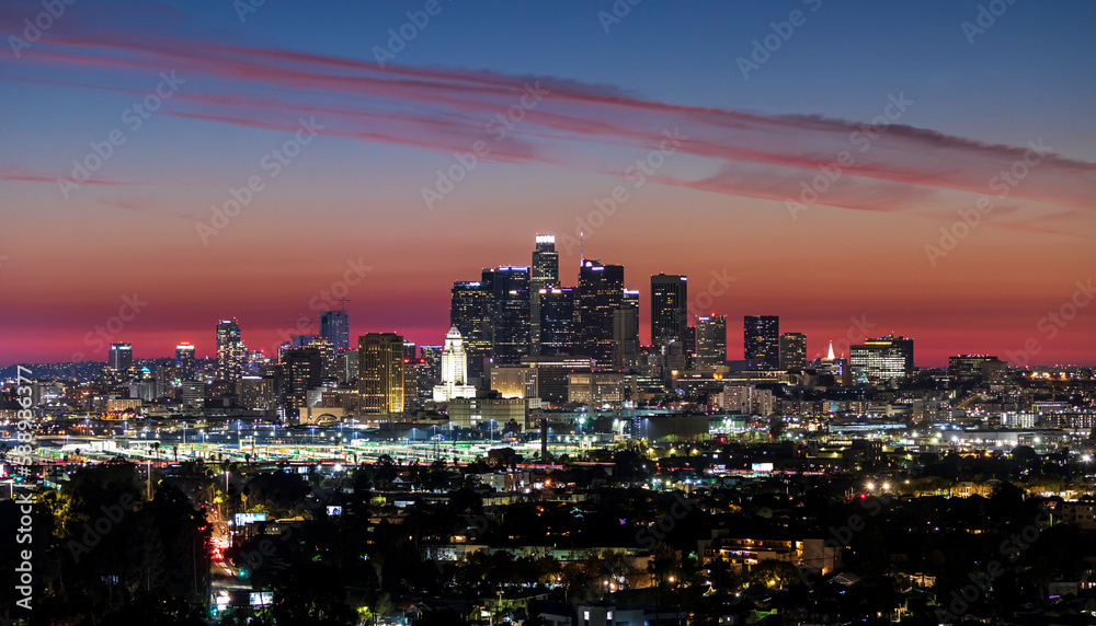 Downtown Los Angeles City skyline at Sunset Blue Hour with Beautiful Red Clouds