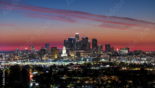 Wallpaper Mural Downtown Los Angeles City skyline at Sunset Blue Hour with Beautiful Red Clouds Torontodigital.ca