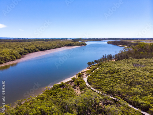 Beautiful famous Tinchi Tamba Wetlands, Bald Hills seeing from above, spectacular wide river. Drone shot, Brisbane, Queensland, Australia. 