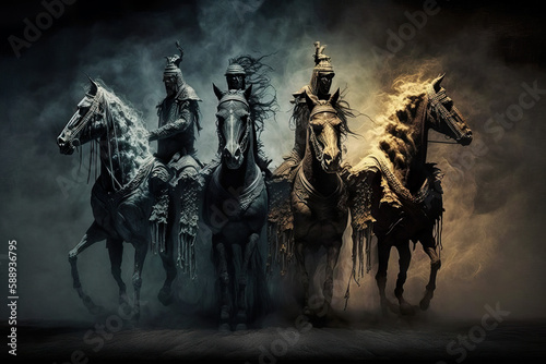 Leinwand Poster Four Horsemen of the Apocalypse in a Dark and Apocalyptic Scene Generative AI